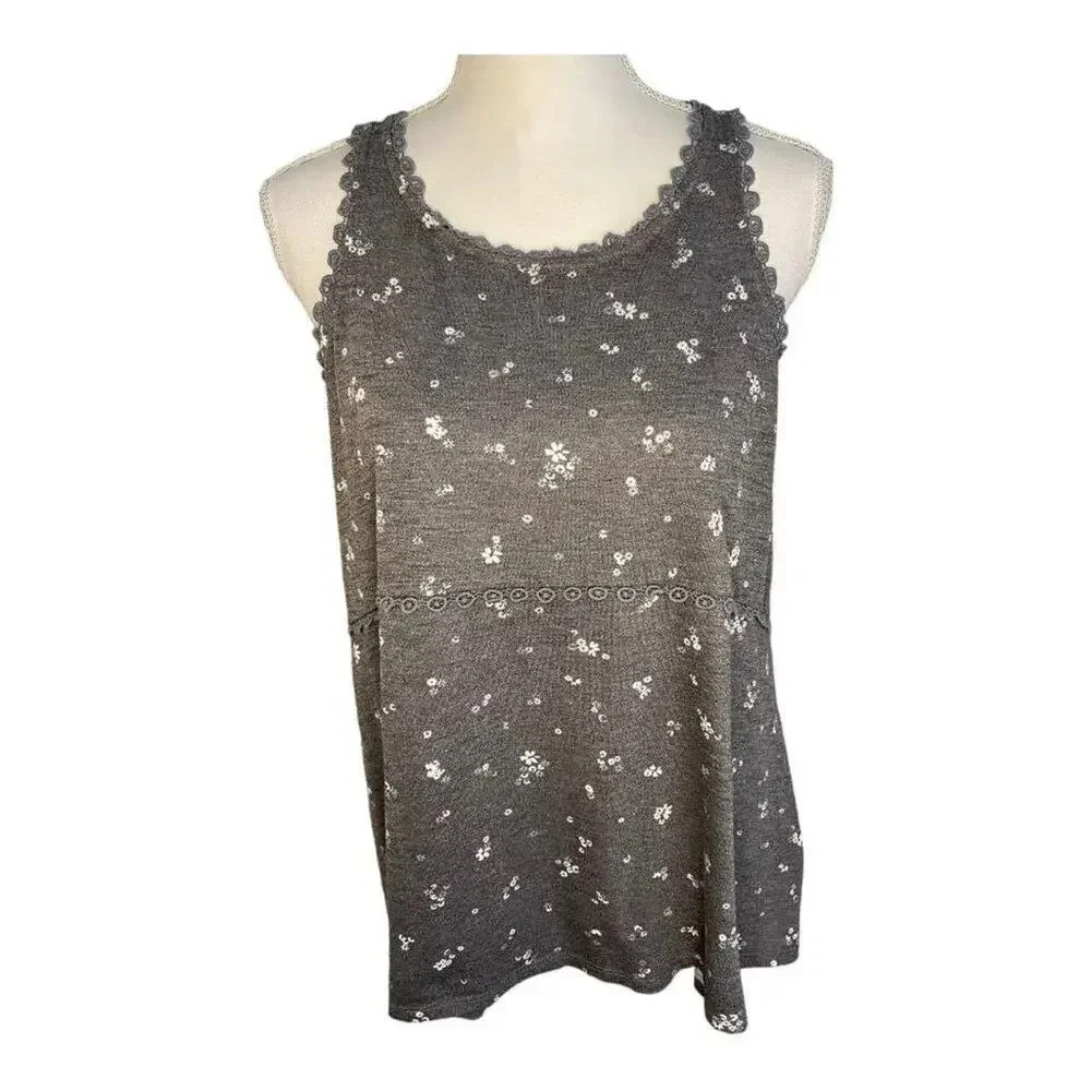 Lauren Conrad Women’s Medium Gray & White Floral Lace‎ Trim Tank Top